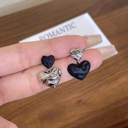 Silver Onyx Double Heart Statement Earrings