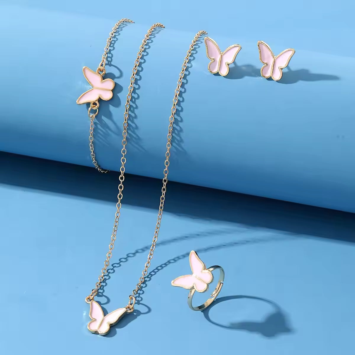 Pink Butterfly Jewellery Set (Necklace, Earrings, Bracelet & Ring)