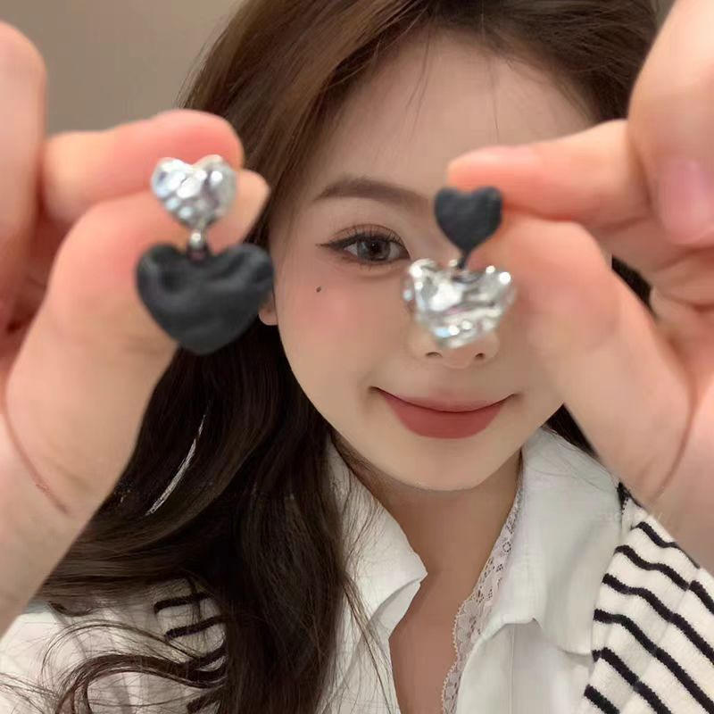 Silver Onyx Double Heart Statement Earrings