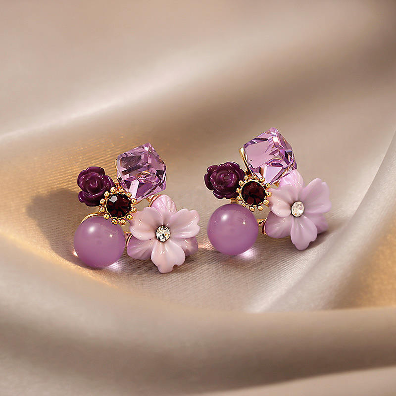 Crystal Flower Stud Earrings – Purple & Pink