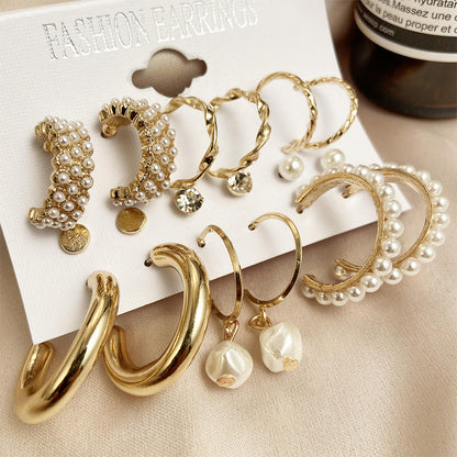 9 Pairs Gold Pearl Earrings Set Yiwu Zhuchai E-Commerce Firm