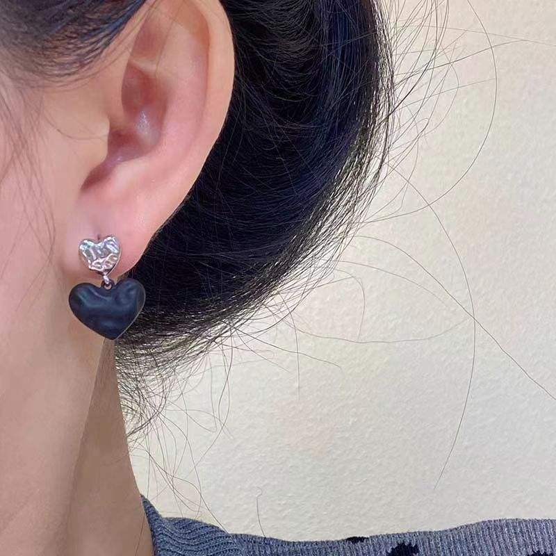 Silver Onyx Double Heart Statement Earrings