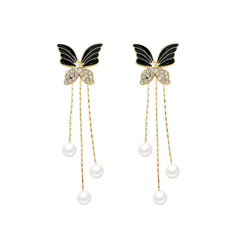 Midnight Butterfly Tassel Pearl Earrings