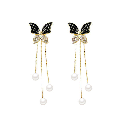 Midnight Butterfly Tassel Pearl Earrings