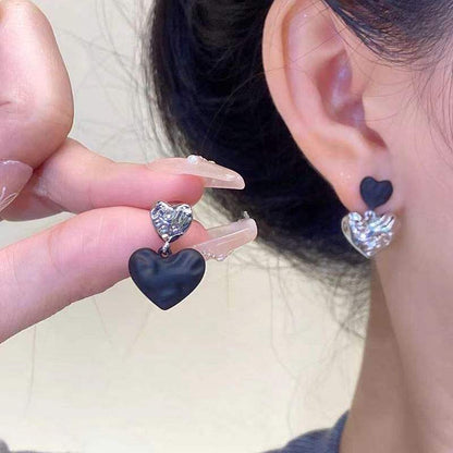 Silver Onyx Double Heart Statement Earrings