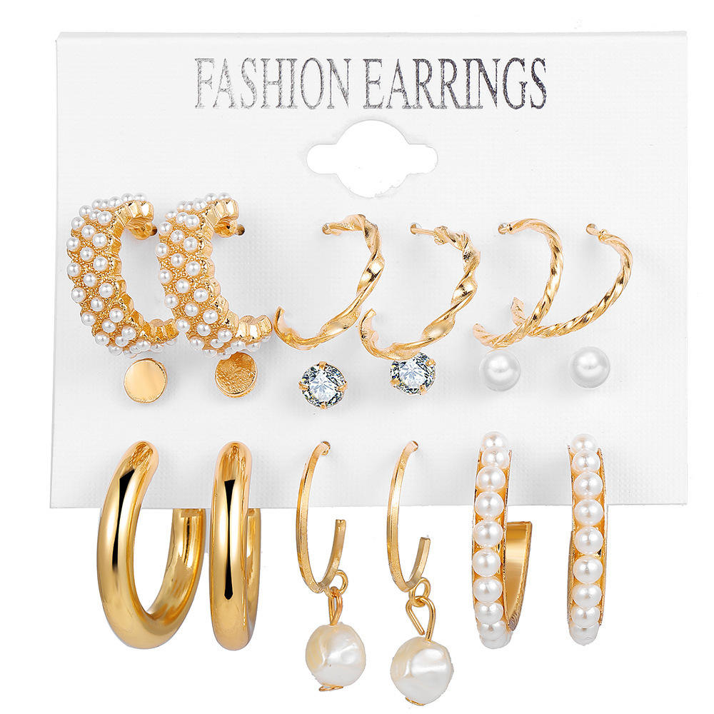 9 Pairs Gold Pearl Earrings Set Yiwu Zhuchai E-Commerce Firm