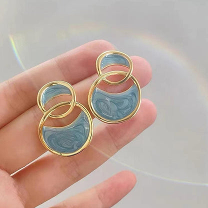 Korean Geometric Double Arc Blue Drop Earrings