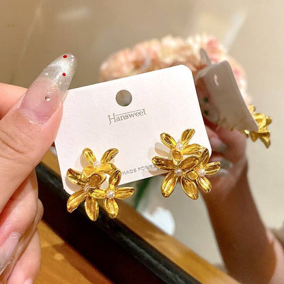 Korean Gold Plated Pearl Flower Stud Earrings