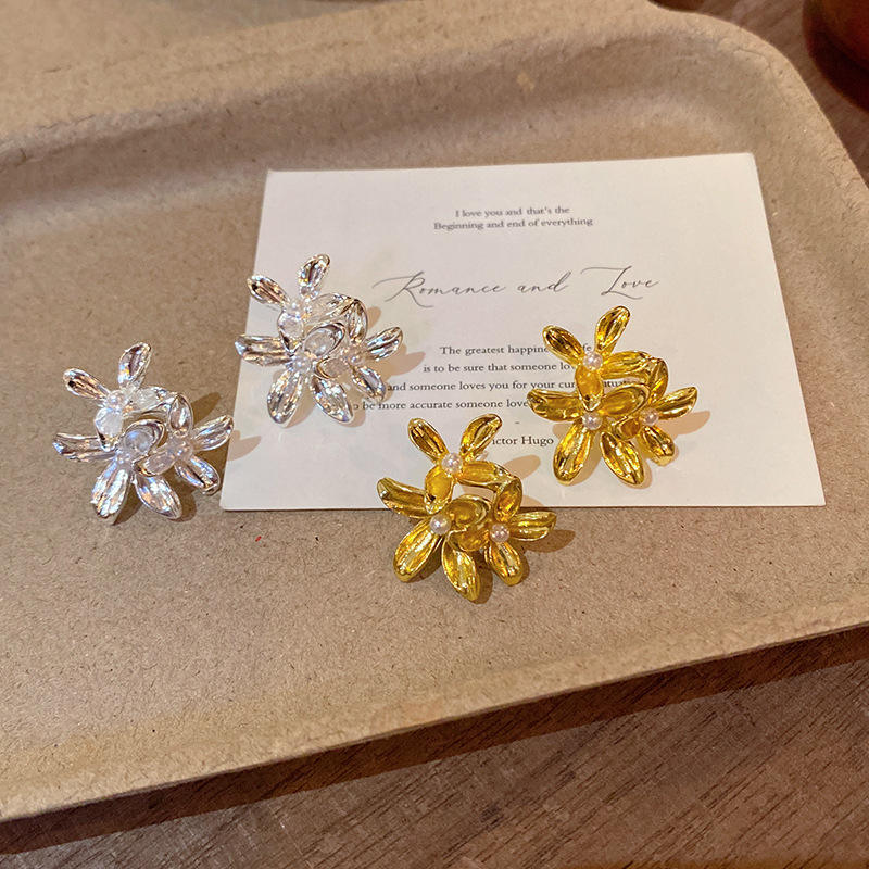 Korean Gold Plated Pearl Flower Stud Earrings