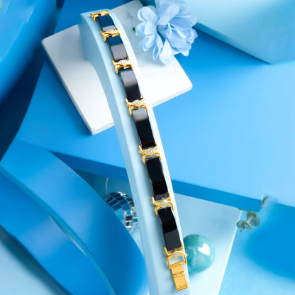 Gold Plated Black Rectangle Ceramic Men Bracelet