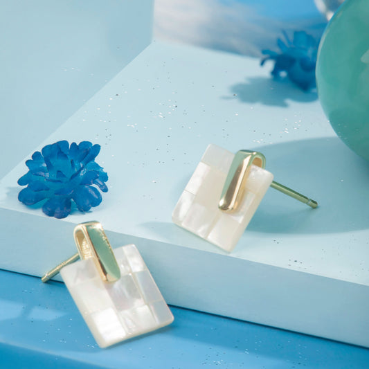 Gold Plated Square Geometric Beads Shell Earrings