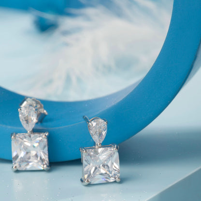 Silver Square White Stone Earrings