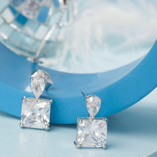 Silver Square White Stone Earrings