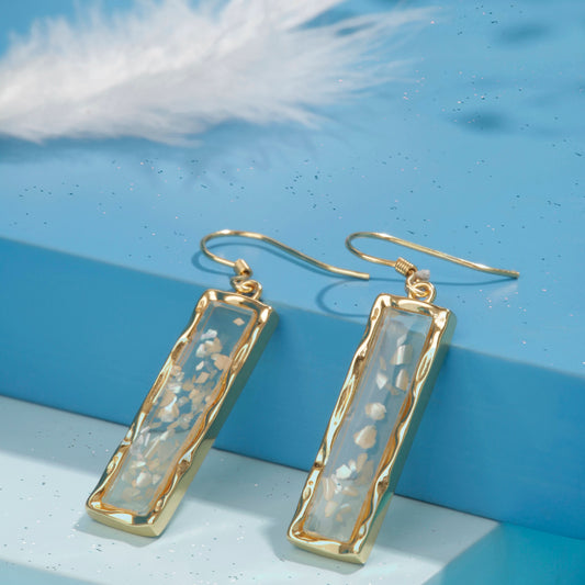 Gold Plated Rectangular Shell Temperament Crystal Gravel Earrings