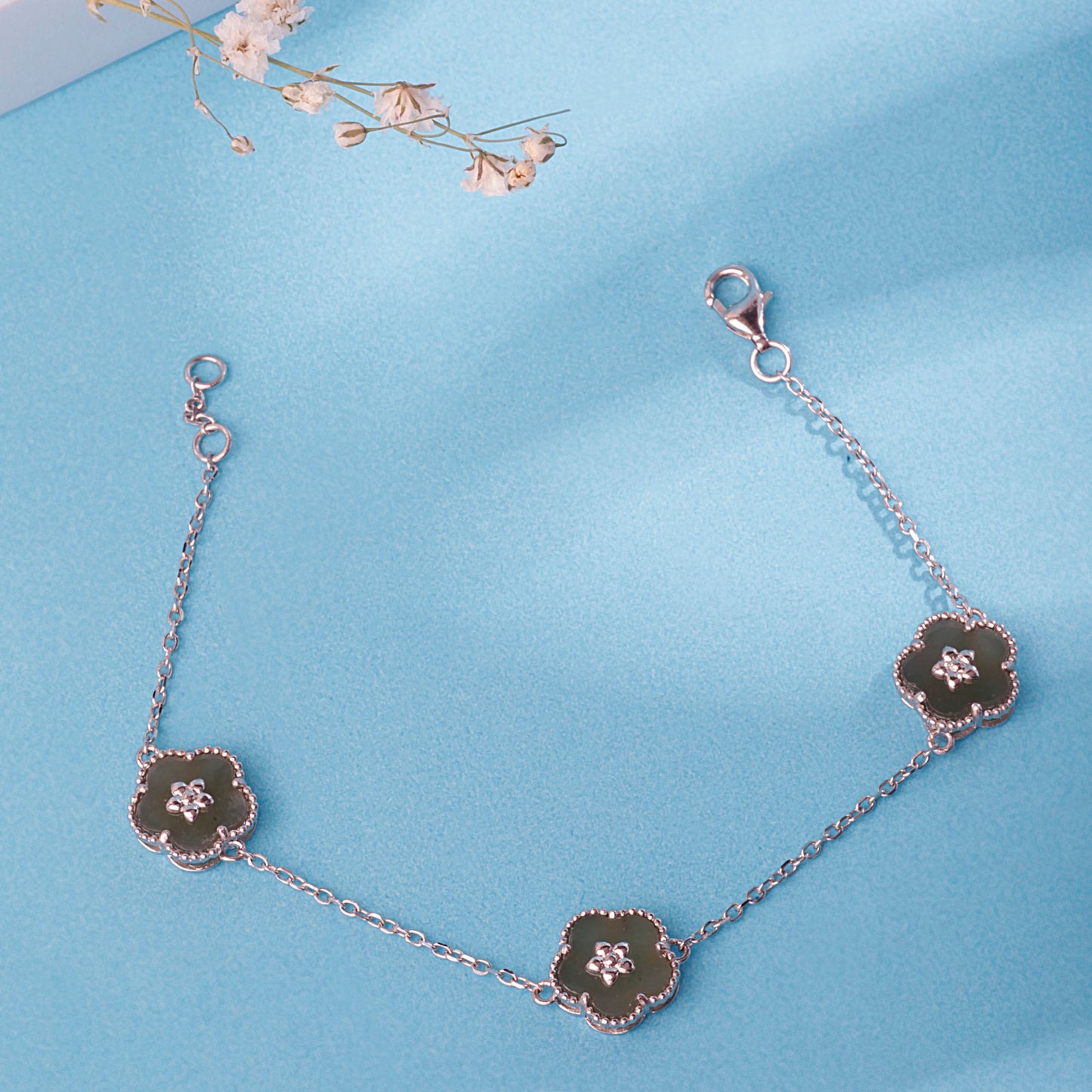 Silver Tri-Green Floral Bracelet