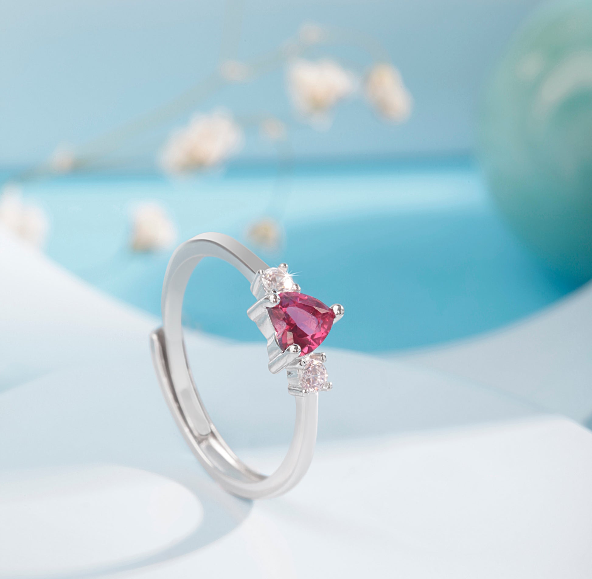 Red heart shaped silver ring