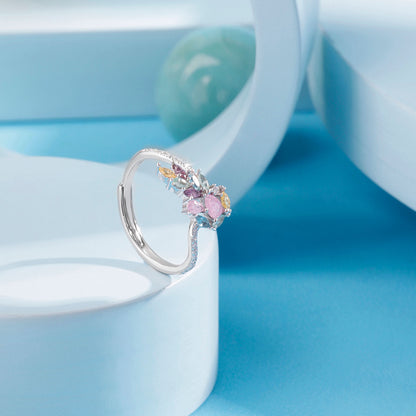 Silver Beautiful Colorful Gemstone Leafs Ring