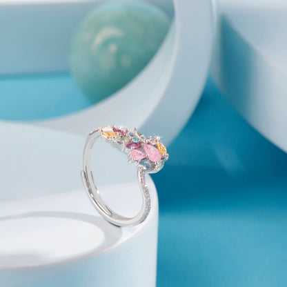 Silver Beautiful Colorful Gemstone Leafs Ring