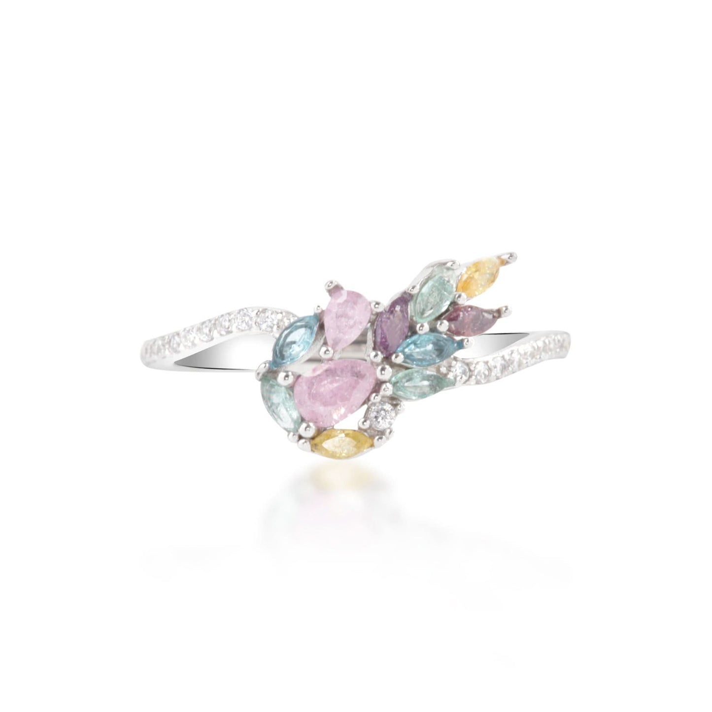 Silver Beautiful Colorful Gemstone Leafs Ring