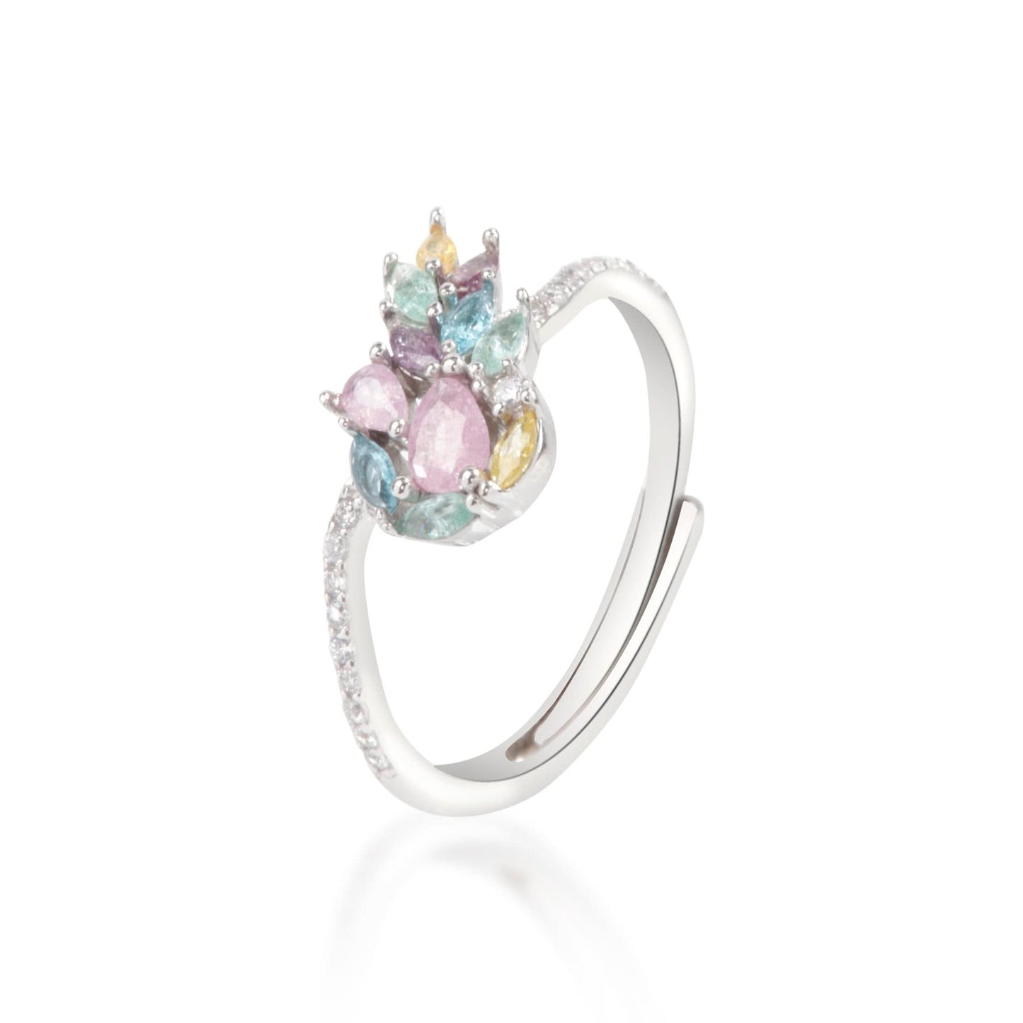 Silver Beautiful Colorful Gemstone Leafs Ring
