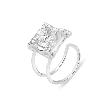 Silver Irregular Frosty Square Lava Ring