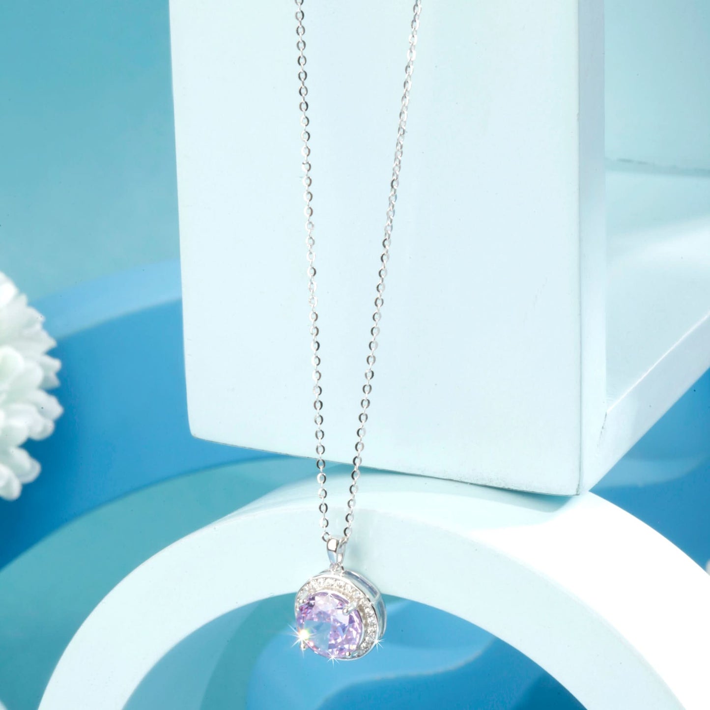 Silver Round Crystal Purple Gem Pendant