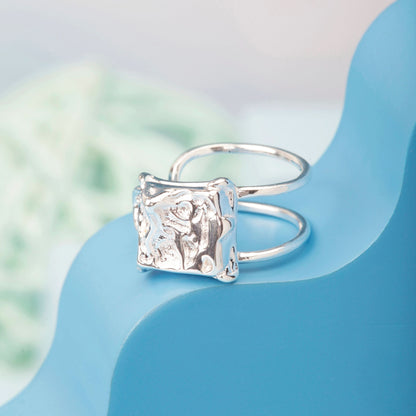 Silver Irregular Frosty Square Lava Ring