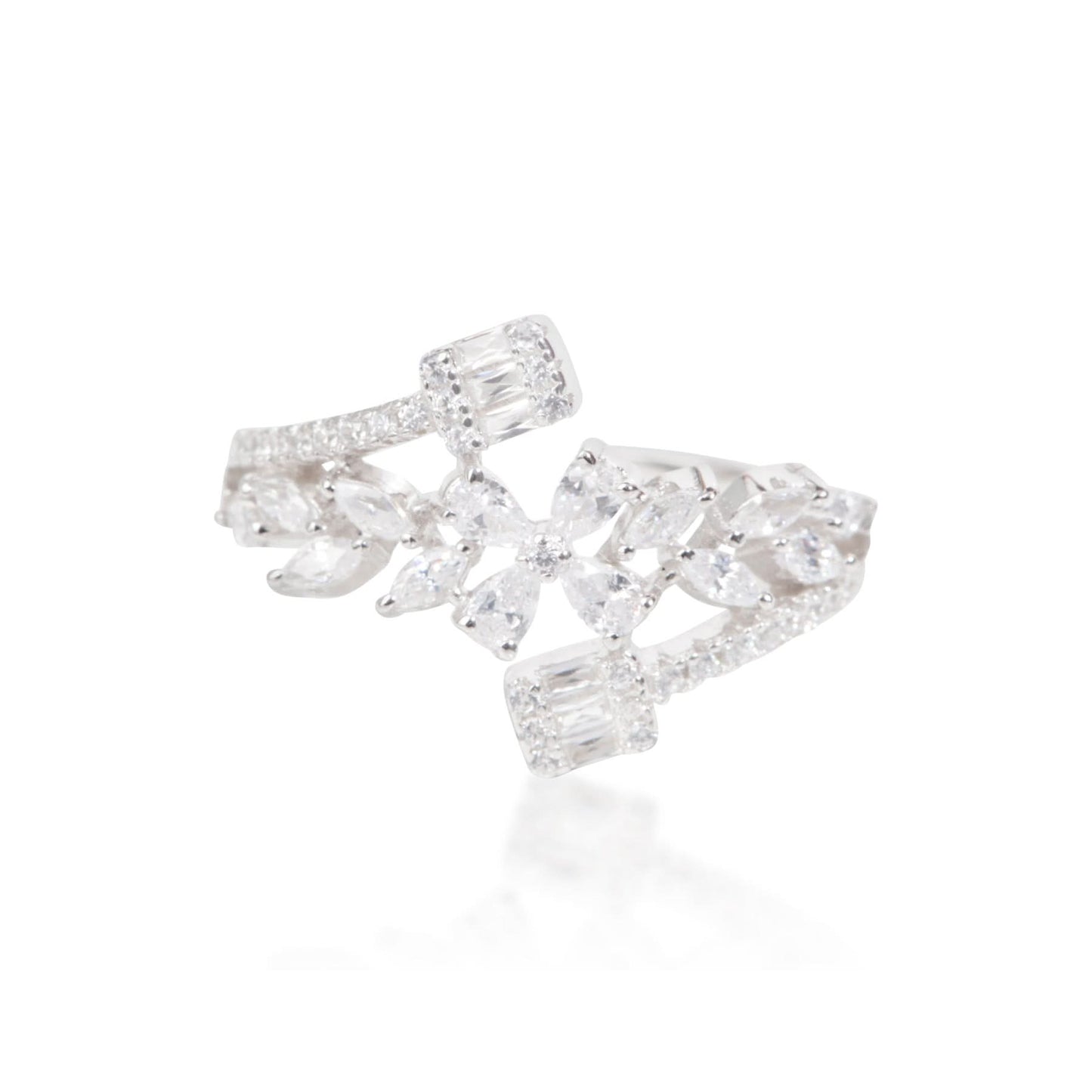 Silver Floral Leaf White Stone Ring