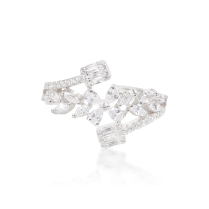 Silver Floral Leaf White Stone Ring