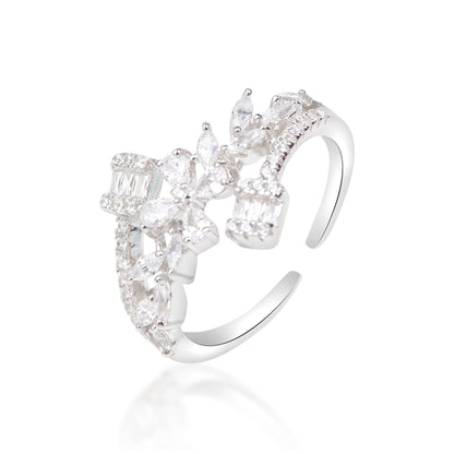 Silver Floral Leaf White Stone Ring