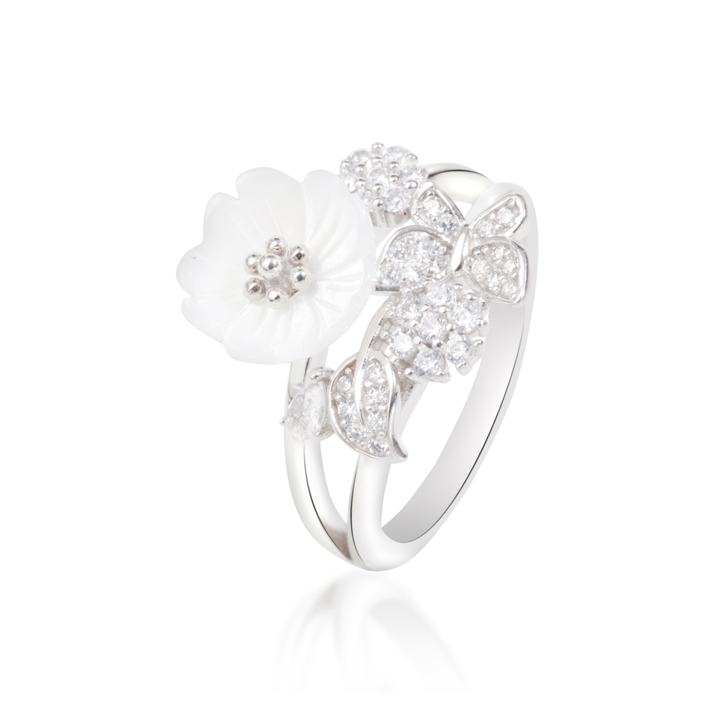 'Pristine White' Flower Silver Ring