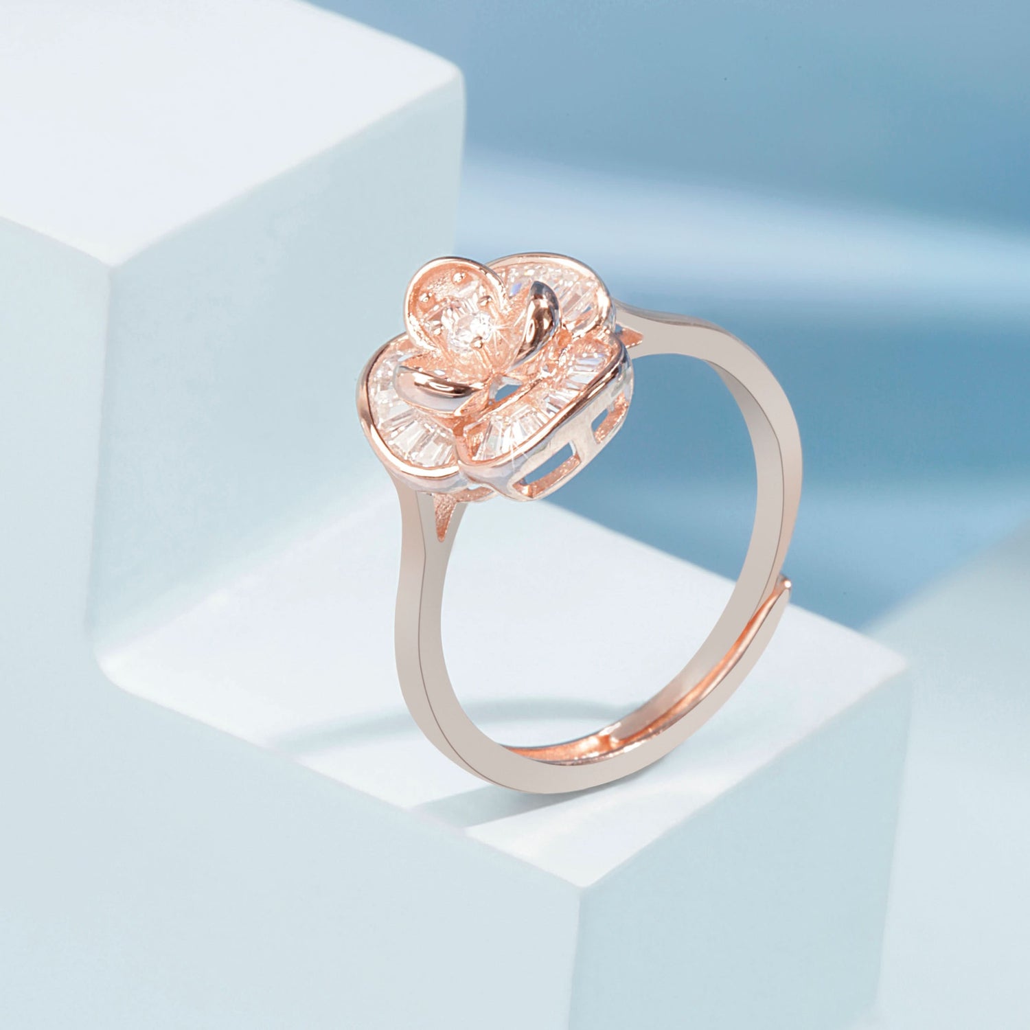 Rose Gold Sterling Floral Ring Silvish