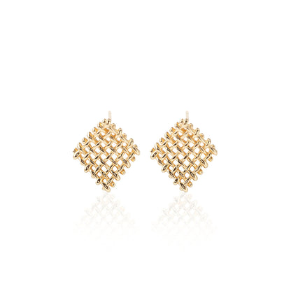 Gold Plated Hollow Square Basket Weave Earrings