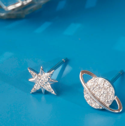 "Star and Saturn" Silver Earrings