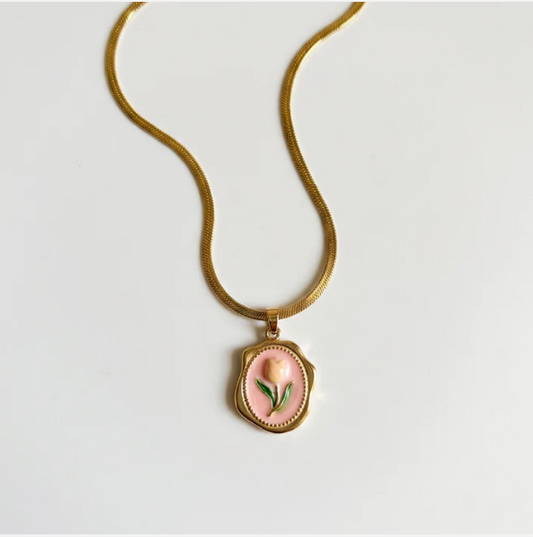 Gold Flat Chain Necklace with Pink Rose Pendant Hunan Haoyi Gift Co., Ltd.