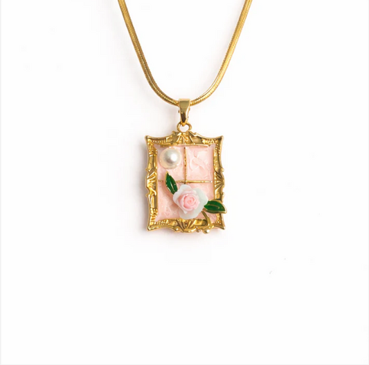 Gold Flat Chain Necklace with Pink Floral Frame Pendant Hunan Haoyi Gift Co., Ltd.