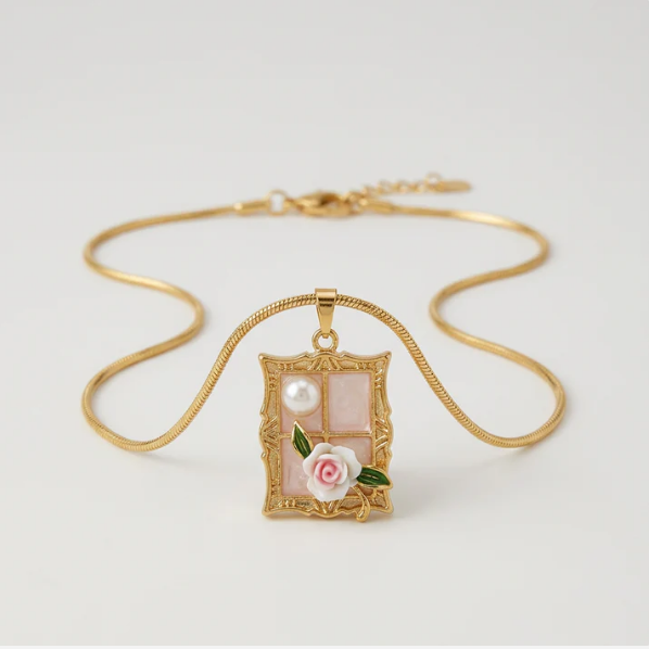 Gold Flat Chain Necklace with Pink Floral Frame Pendant Hunan Haoyi Gift Co., Ltd.