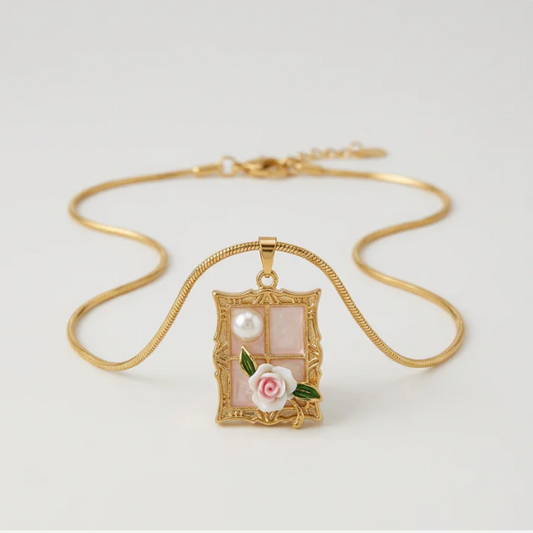 Gold Flat Chain Necklace with Pink Floral Frame Pendant Hunan Haoyi Gift Co., Ltd.