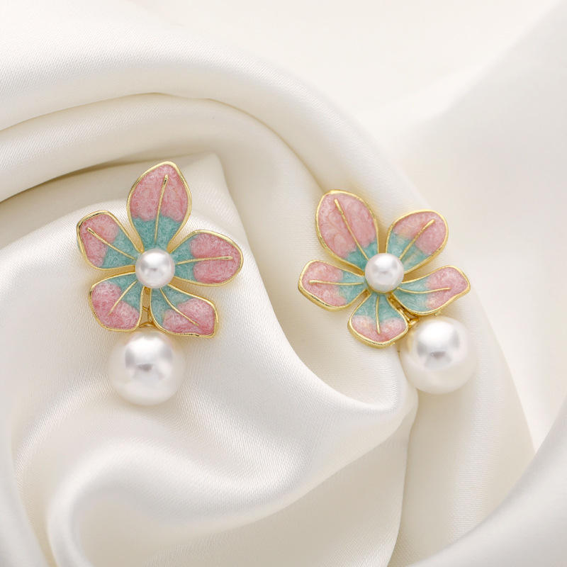 Pink Flower Oil Drop Pearl Stud Earrings