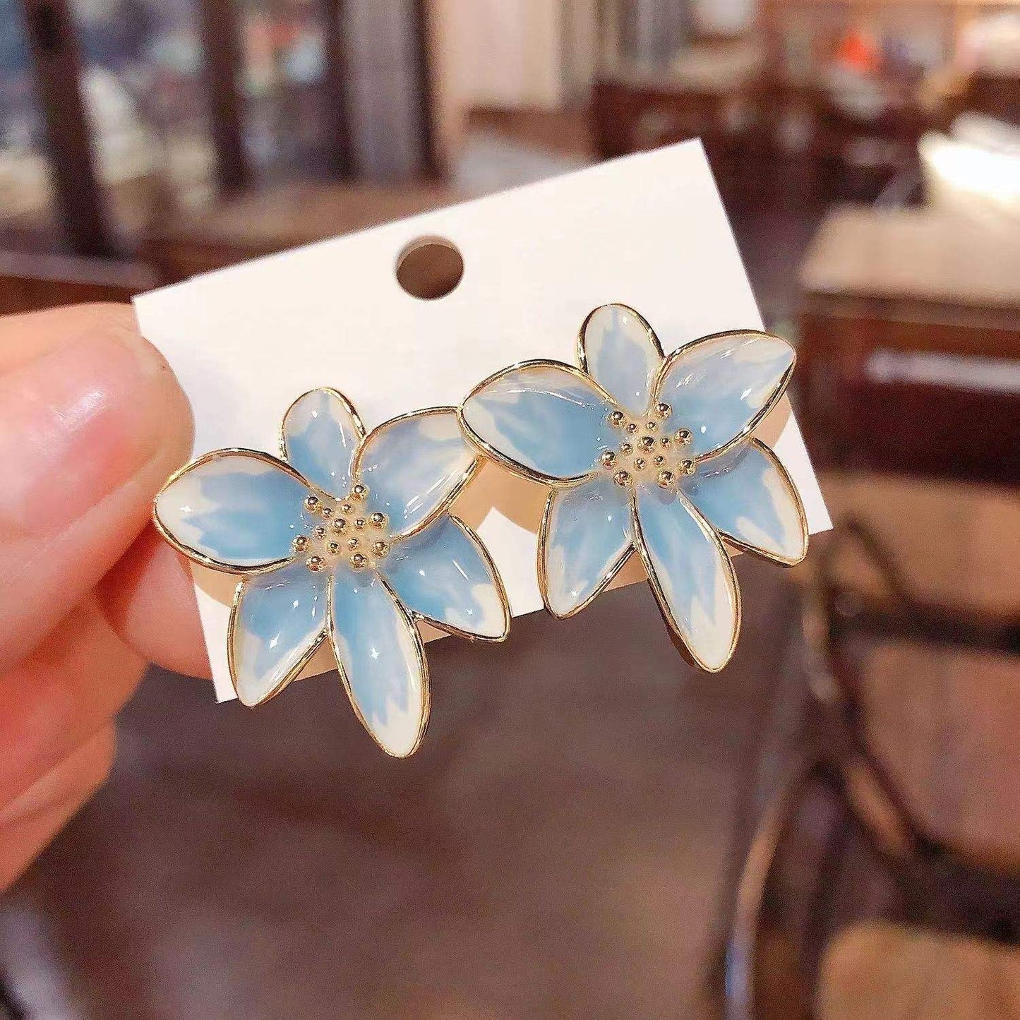 Blue Glaze Flower Drop Earrings