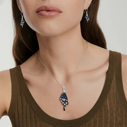 Midnight Wing Enamel Pendant & Earring Set (925 Sterling Silver)