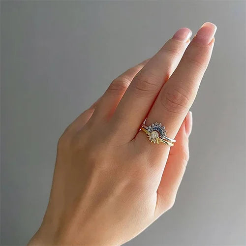 Silver Sun & Moon Crystal Ring Set