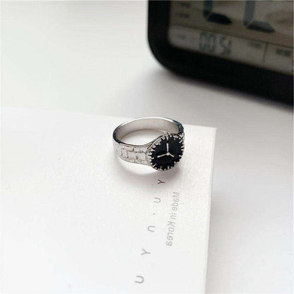 Silver Adjustable Ring Watch with Black Dial Hunan Haoyi