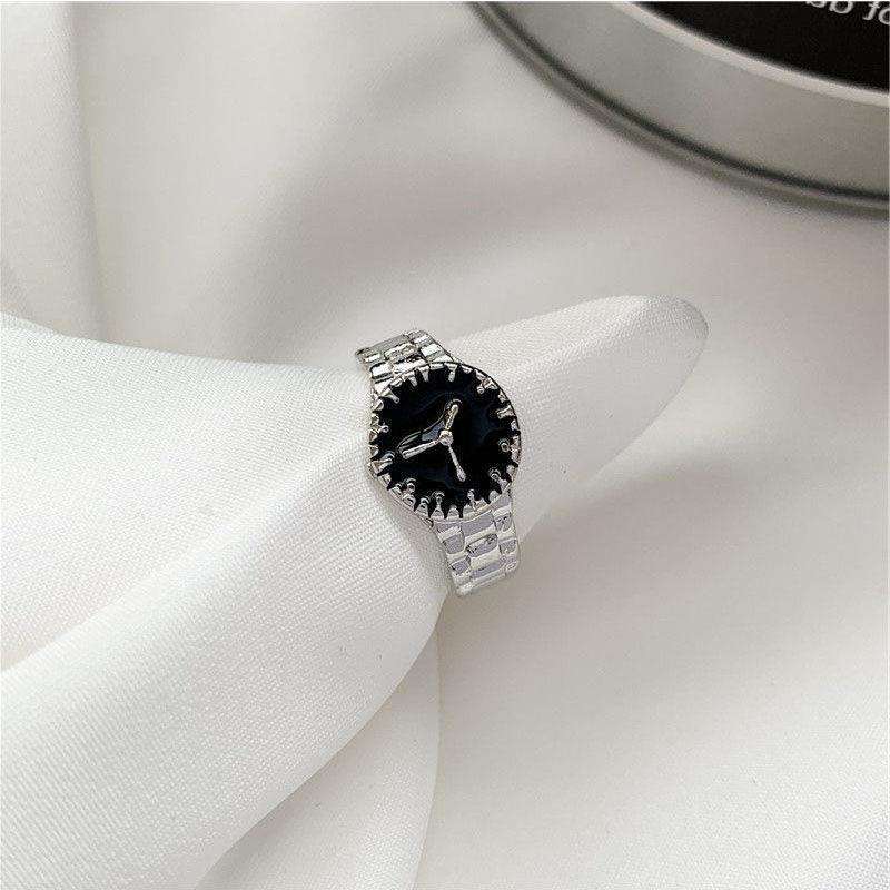 Silver Adjustable Ring Watch with Black Dial Hunan Haoyi