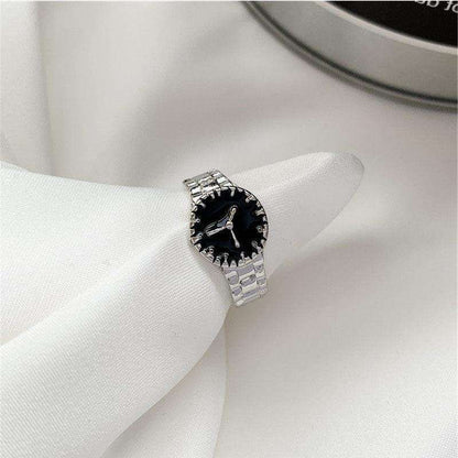 Silver Adjustable Ring Watch with Black Dial Hunan Haoyi