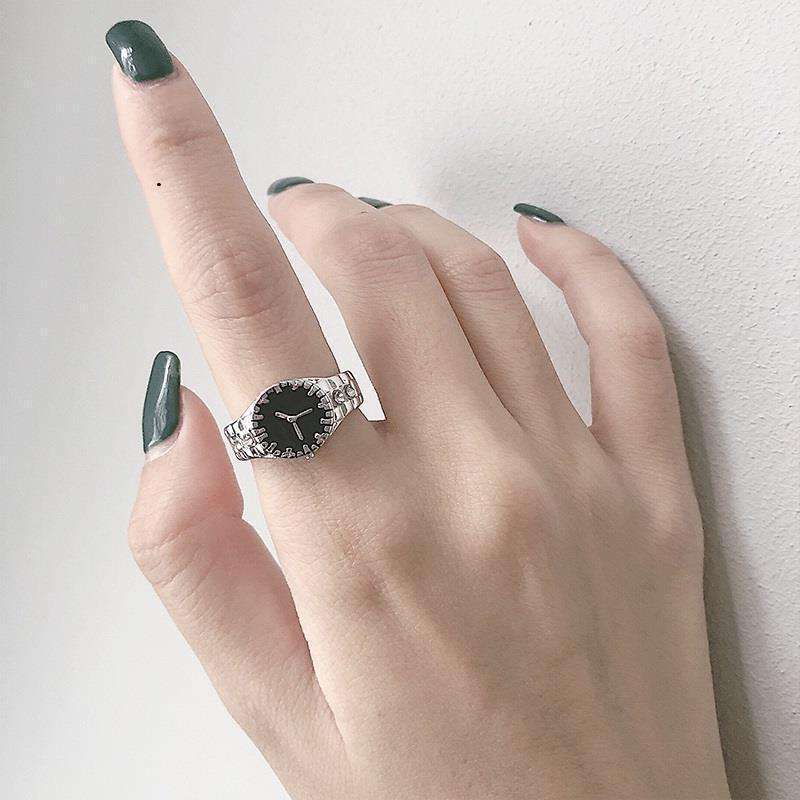 Silver Adjustable Ring Watch with Black Dial Hunan Haoyi