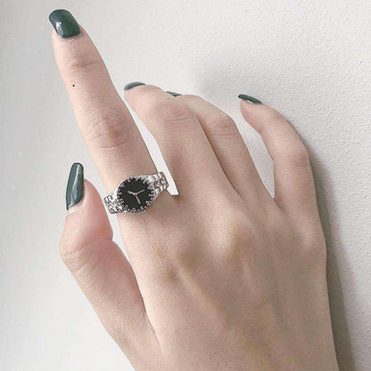 Silver Adjustable Ring Watch with Black Dial Hunan Haoyi