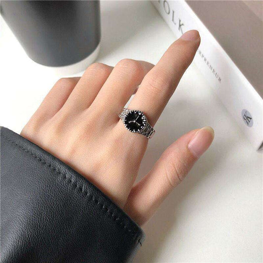 Silver Adjustable Ring Watch with Black Dial Hunan Haoyi