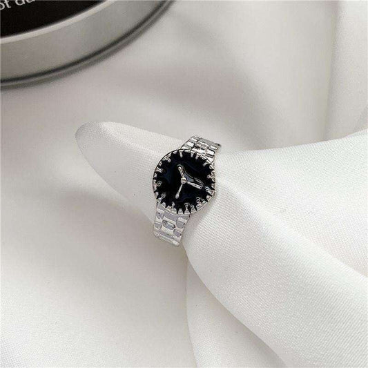 Silver Adjustable Ring Watch with Black Dial Hunan Haoyi