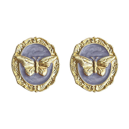 Gold butterfly oval stud earrings